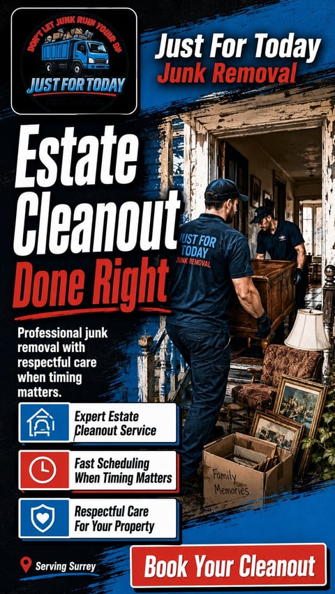 Advertisement for Just For Today Junk Removal estate cleanout service showing workers removing items from a home in Surrey