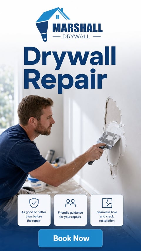 Marshall Drywall contractor repairs drywall wall hole with putty knife, with service benefits and Book Now button displayed