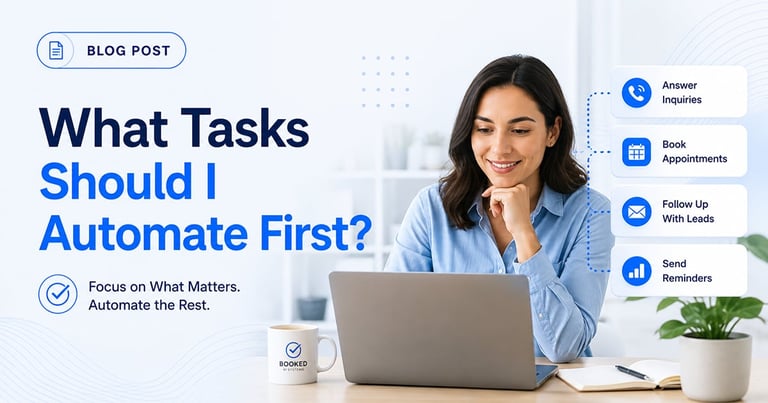 Woman at laptop with blog post about task automation, featuring title What Tasks Should I Automate First? and action icons