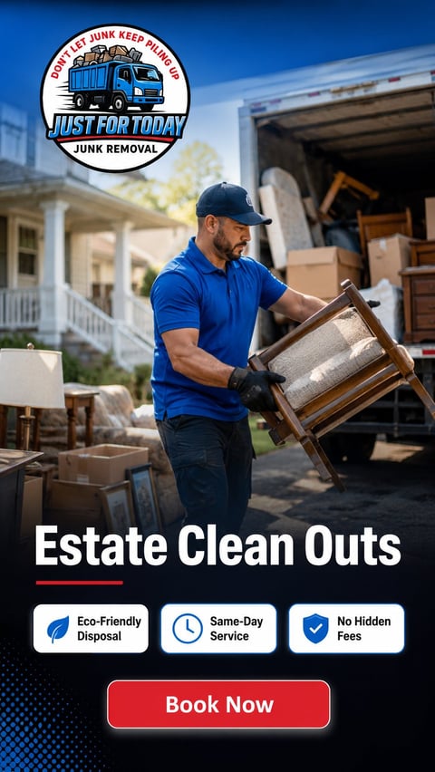 Worker in blue shirt loading furniture into truck for estate cleanout junk removal service with eco-friendly disposal and same-day options