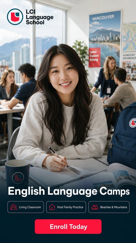 Young student smiling while studying in LCI Language School classroom with Vancouver cityscape visible through windows and an Enroll Today button