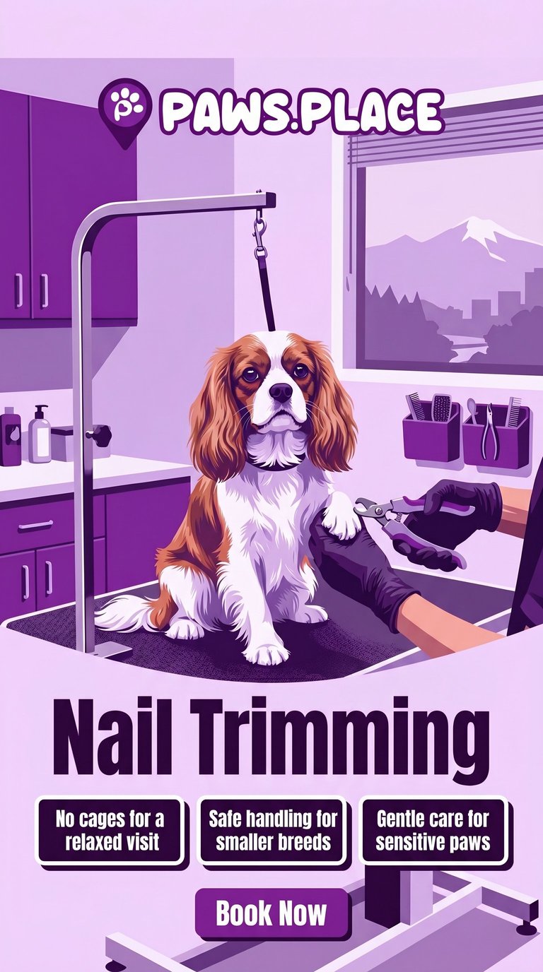 Dog grooming salon advertisement for nail trimming service with brown and white spaniel in modern purple-themed facility