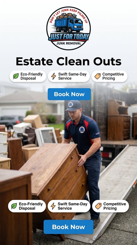Just For Today junk removal service advertisement for estate clean outs featuring worker loading furniture and multiple Book Now buttons