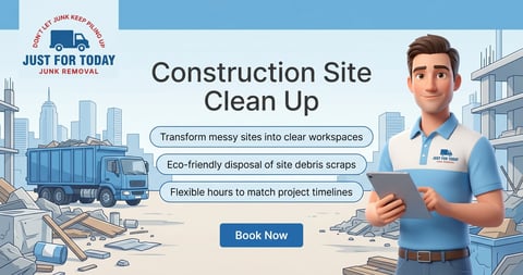 Professional construction site cleanup service advertisement featuring worker with tablet, debris, and truck with Book Now button