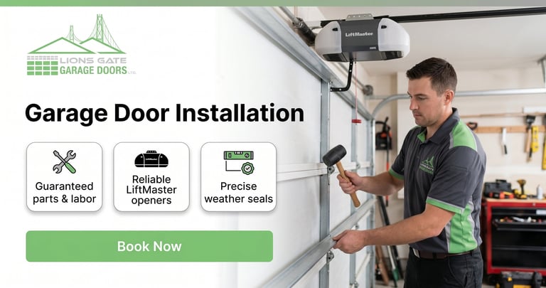 Technician installing a garage door with service details for guaranteed parts and labor, reliable LiftMaster openers, and precision weather seals