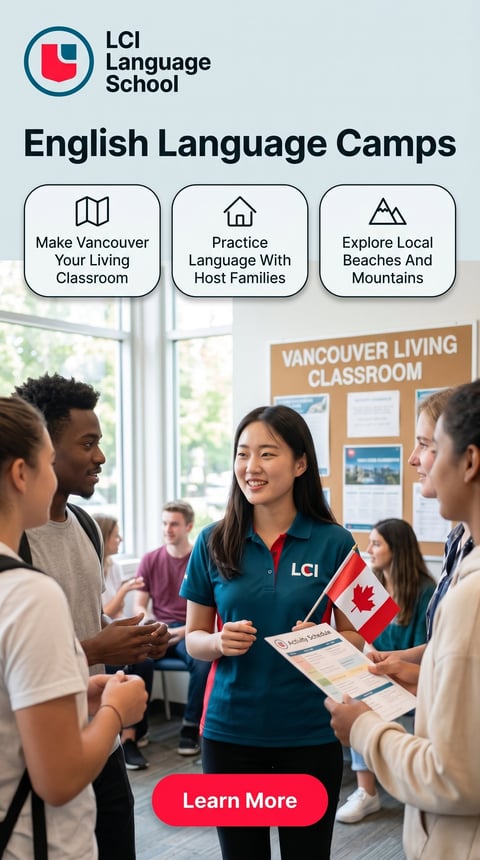 LCI Language School English Language Camps promotional image showing students and instructor with Canadian flag, featuring three camp activities: Vancouver classroom, language practice with host families, and local beaches and mountains exploration.