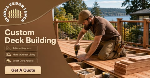 Man building wooden deck with water and mountains visible in background. Custom Deck Building services advertised with Get A Quote button.
