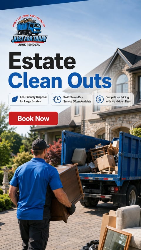 Worker loading furniture and junk into blue truck for Just for Today Junk Removal estate cleanout service at residential home