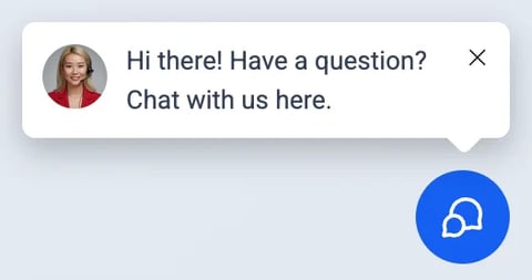 Chat support widget with womans profile photo and message bubble inviting user to chat, with blue headset icon below