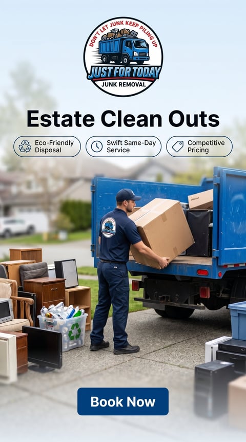 Worker loading boxes into blue junk removal truck for estate cleanout service advertising eco-friendly disposal and same-day availability