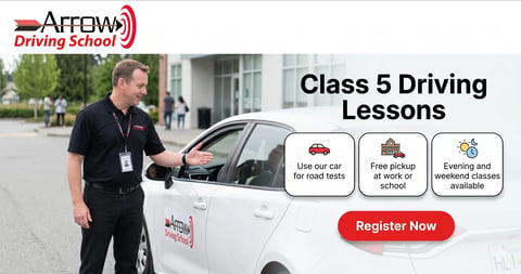 Arrrow Driving School instructor next to white car advertising Class 5 driving lessons with registration button