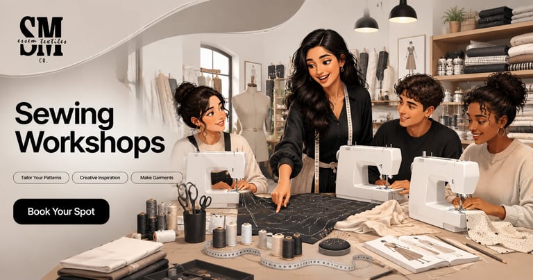 Sewing instructor demonstrating to four students in a bright studio with sewing machines and craft supplies on the table