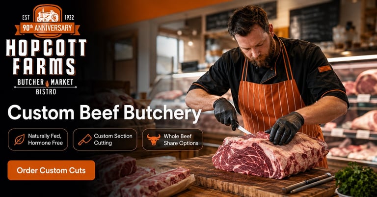 Butcher in orange apron cutting beef at Hopcott Farms custom butchery shop with meat and cutting board