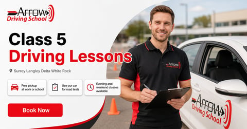 Arrow Driving School instructor in black polo shirt stands next to white car with traffic cone and Book Now button for Class 5 driving lessons