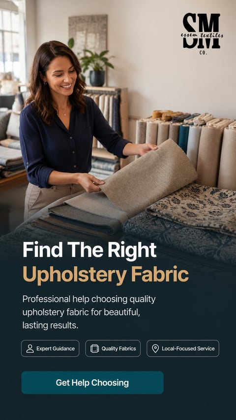Woman selecting upholstery fabric samples at a showroom for SM Custom Textiles Co.