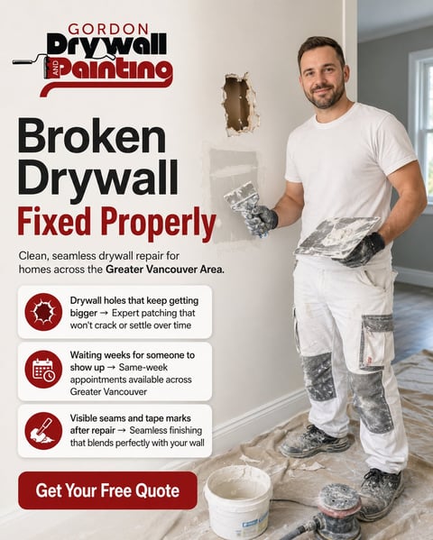Gordon Drywall Painting contractor holding putty knife next to large hole in white drywall wall, advertising drywall repair services