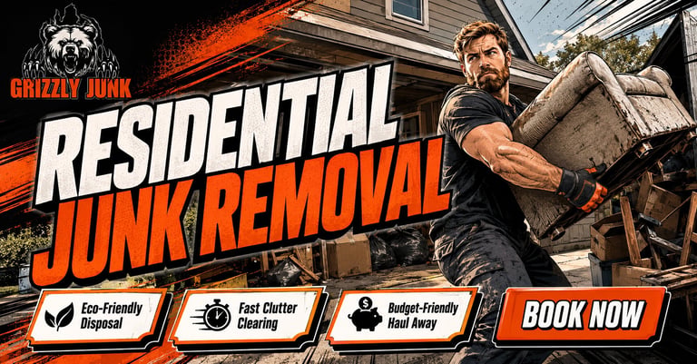 Man carrying junk with Grizzly Junk logo and text advertising residential junk removal services with eco-friendly and fast options
