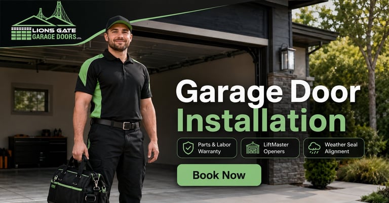 Professional garage door installer in black and green uniform holding toolbox in front of modern black garage, with installation service promotion and Book Now button