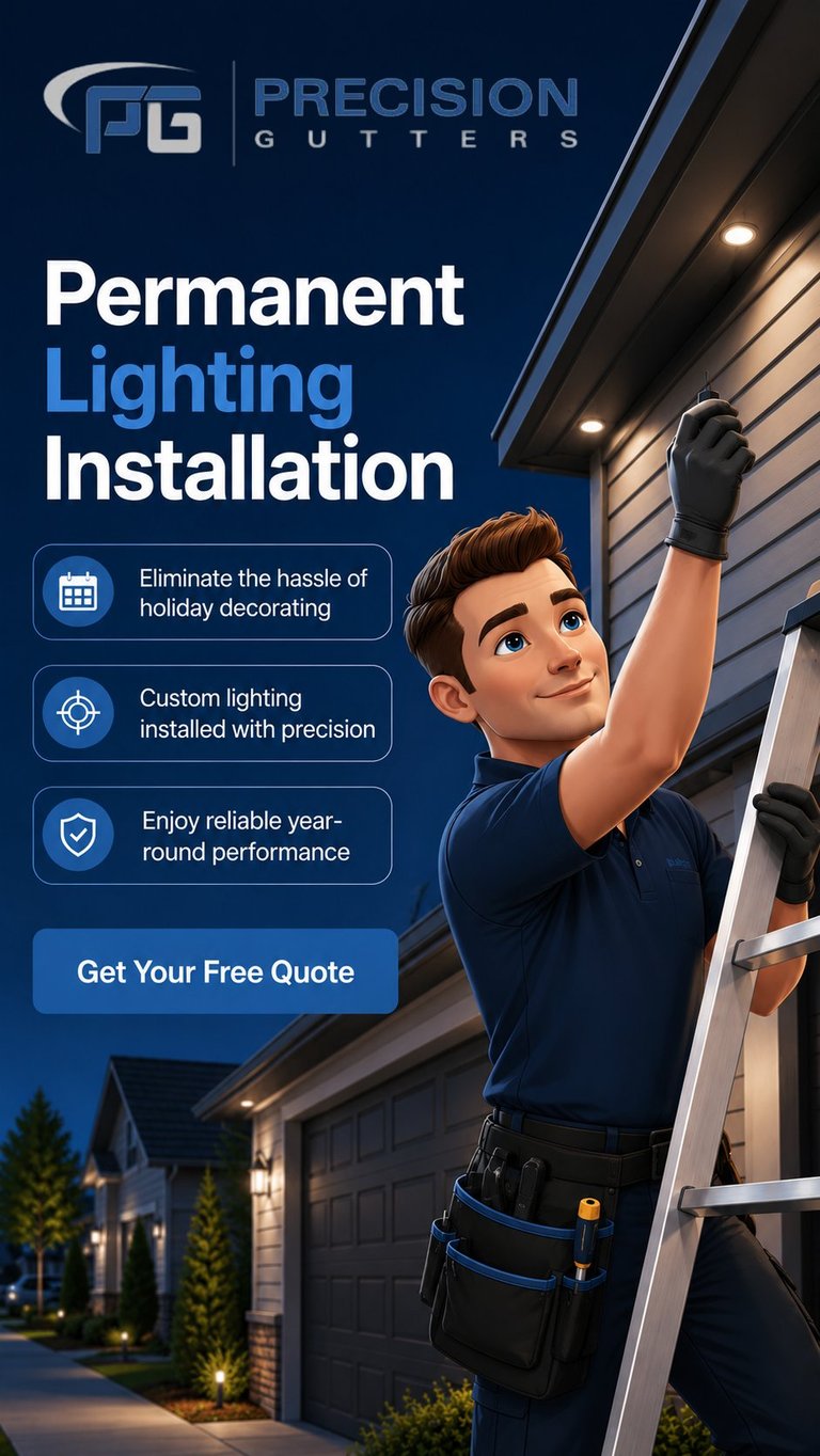 Animated technician on ladder installing permanent lighting for Precision Gutters with home and benefits listed