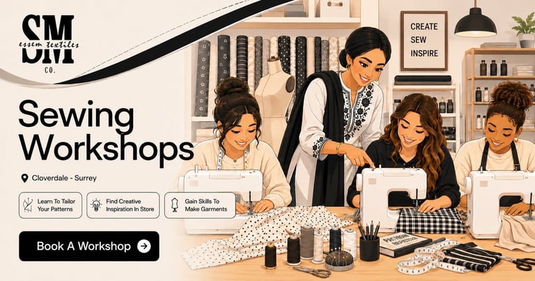 An instructor teaches a group of students sewing skills at a workshop with fabric and sewing machines visible in a bright studio