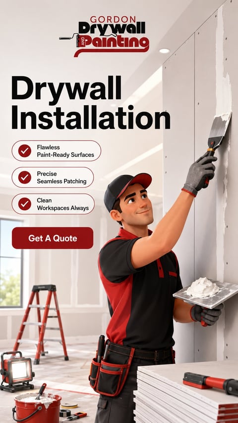 Gordon Drywall Painting worker installing drywall with tools and ladder, advertising flawless paint-ready surfaces and seamless patching