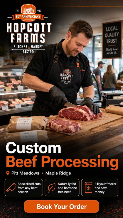 Butcher at Hopcott Farms cutting custom beef steaks on wooden counter, with 90th anniversary logo and Book Your Order button