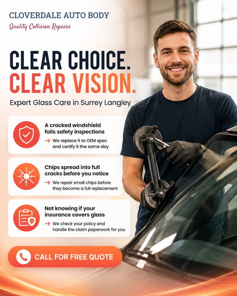 Cloverdale Auto Body advertisement for expert glass repair in Surrey Langley featuring a technician holding a car windshield