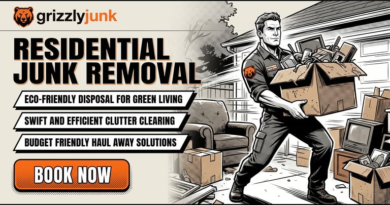 Grizzly Junk residential junk removal service advertisement with illustration of worker holding boxes and orange Book Now button