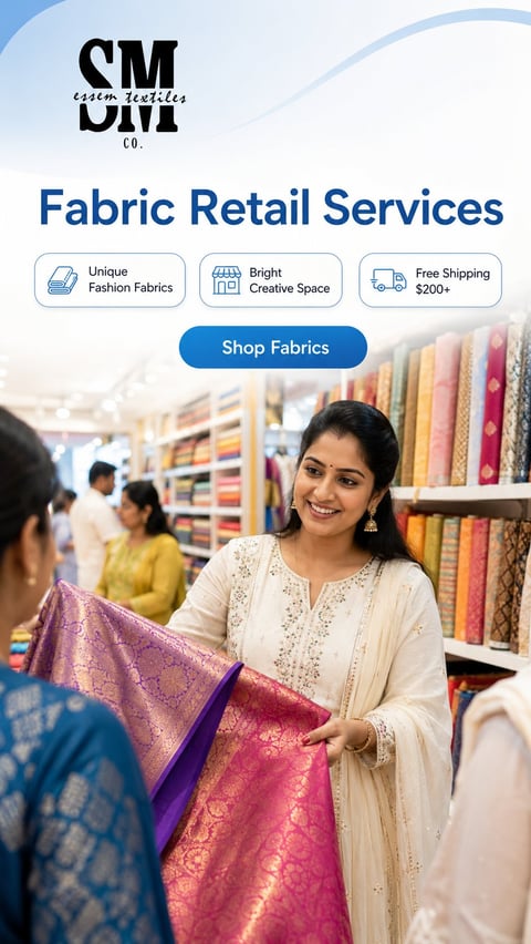 Fabric retail store website showing a smiling woman holding colorful fabric, with shelves of textiles behind her and shop information promoting unique fashion fabrics and free shipping