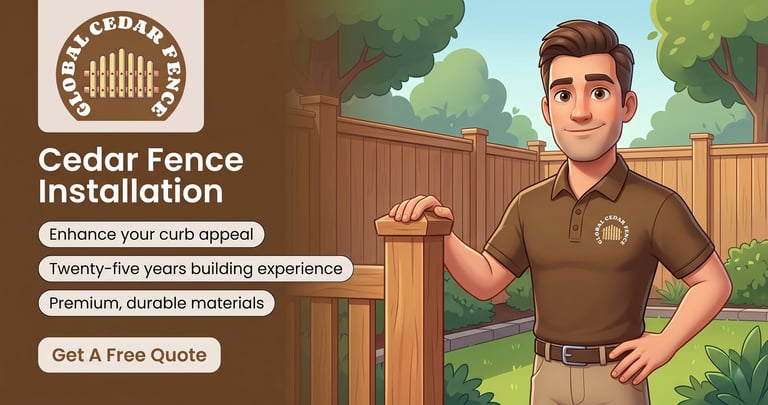 Professional cedar fence installation service advertisement showing contractor with 25 years experience holding fence panel in backyard setting