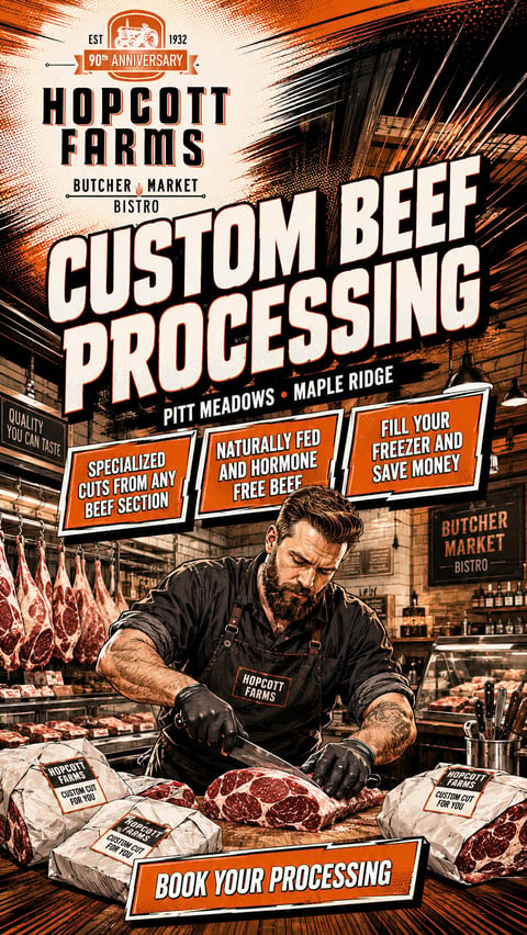Hopcott Farms 90th anniversary poster advertising custom beef processing services at their butcher market in Pitt Meadows and Maple Ridge