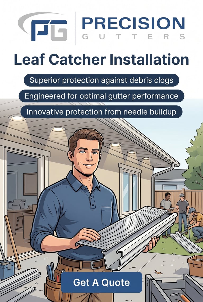 Precision Gutters leaf catcher installation service ad featuring a technician holding a gutter guard with product benefits listed