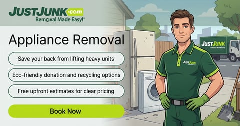 JustJunk appliance removal service advertisement featuring a uniformed worker with a refrigerator and promotional benefits including free estimates and eco-friendly options.