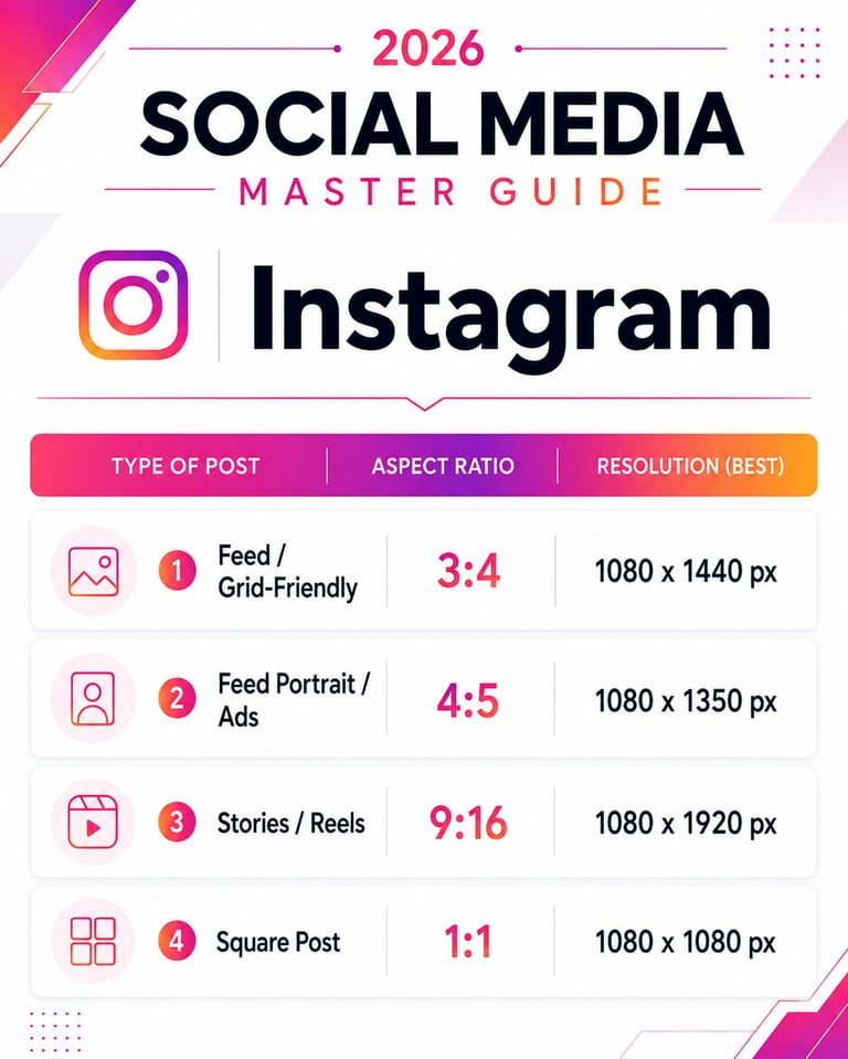 2026 Instagram Social Media Master Guide showing post types, aspect ratios, and resolutions for Feed, Portrait Ads, Stories, and Square Posts