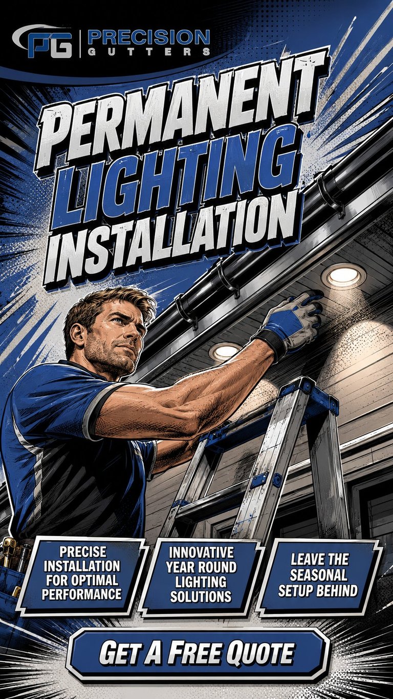 Precision Gutters promotional image showing a worker installing permanent outdoor lighting on a residential soffit