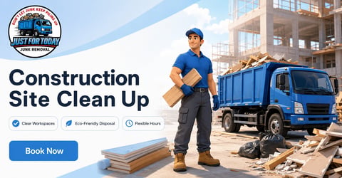 Construction site cleanup service with worker holding cardboard and blue dump truck, featuring clear workspaces, eco-friendly disposal, and flexible hours options