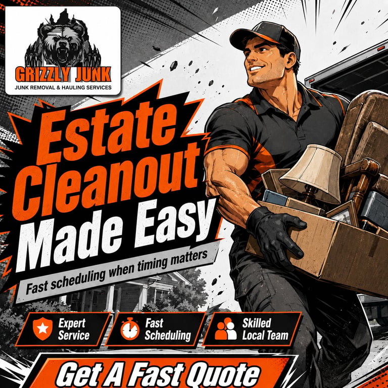 Grizzly Junk estate cleanout service advertisement featuring a muscular man carrying boxes with orange and white text highlighting fast scheduling and expert service