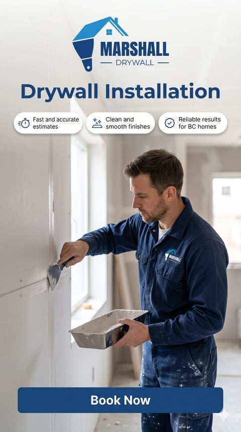 Marshall Drywall worker applying drywall mud to wall with finishing trowel during installation service