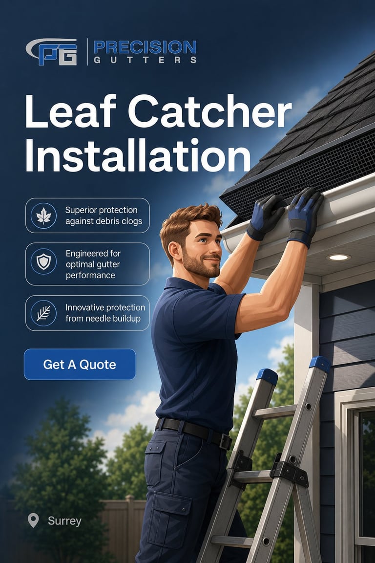 Precision Gutters promotional image showing a worker installing leaf catcher on a residential gutter from a ladder
