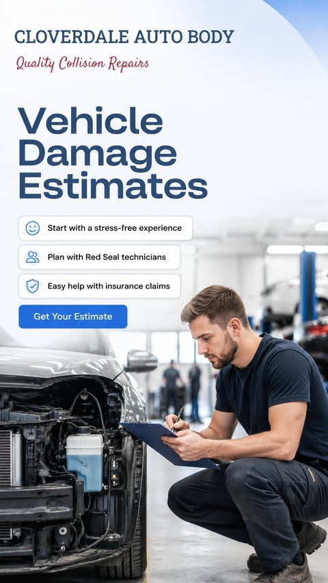 Cloverdale Auto Body vehicle damage estimate service showcasing technician inspecting damaged vehicle engine with stress-free process benefits listed
