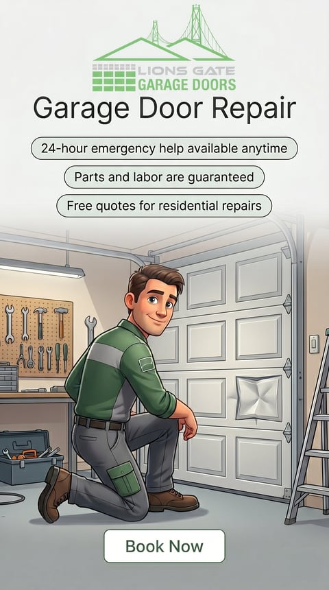 Lions Gate Garage Doors service flyer featuring a technician kneeling beside a white garage door with repair tools and offers for 24-hour emergency help, guaranteed parts and labor, and free quotes