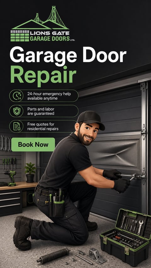 Man in black shirt and cap working on garage door repair with tools and toolbox displayed, with 24/7 service offer