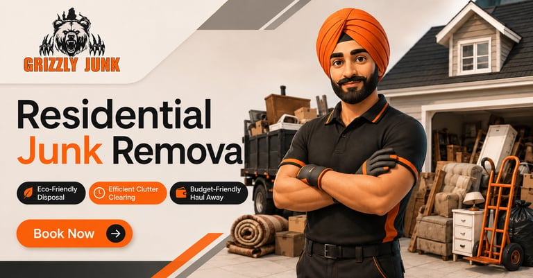 Man in black shirt with orange turban standing with arms crossed in front of junk items, promoting residential junk removal service
