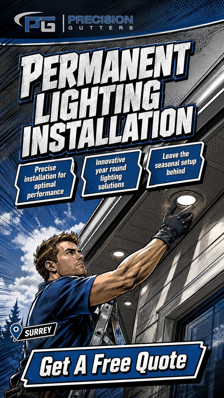 Precision Gutters advertisement showing worker installing permanent lighting with call-to-action for free quote in Surrey