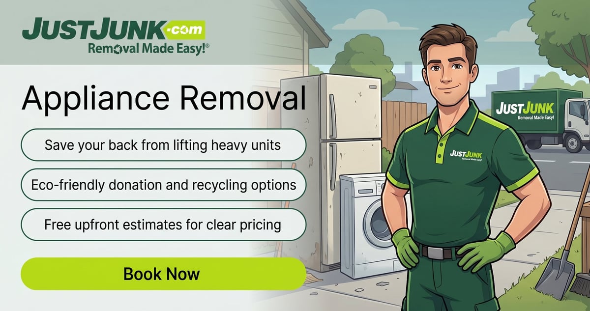 JustJunk appliance removal service advertisement with uniformed worker standing next to discarded refrigerator and green Book Now button