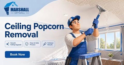 Worker removing popcorn ceiling with scraper tool in bright room with windows, Marshall Drywall branding