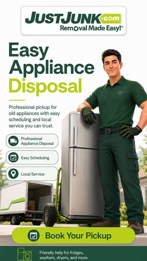 JustJunk professional appliance removal service representative in green uniform standing with refrigerator and truck