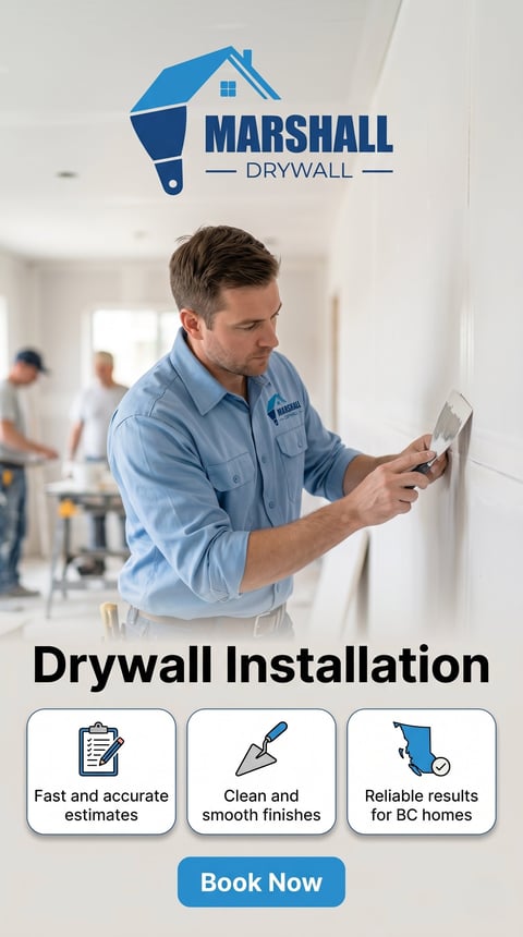 Marshall Drywall contractor measuring wall for drywall installation with service highlights and Book Now button