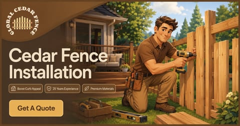 Man installing cedar fence with tool belt in residential backyard setting with quality badges and Get A Quote button
