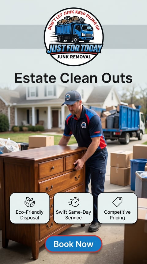 Estate Clean Out junk removal service advertising worker loading furniture with truck in driveway background, promoting eco-friendly disposal and same-day service